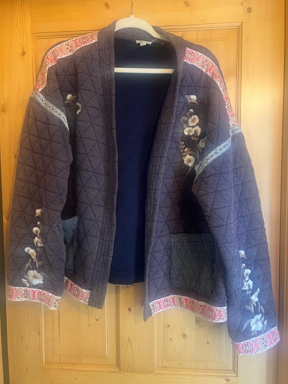 POL Quilted Navy QuiltedJacket with Floral Embroidery. NWOT